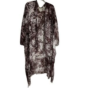 Hinge Women’s Kimono One Size Open Front Fringe Splatter Aztec Maroon White Boho